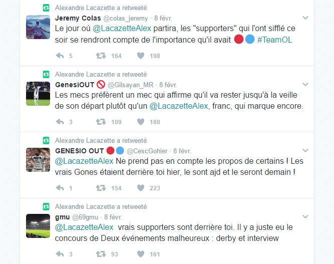 Capture d'écran du compte Twitter d'Alexandre Lacazette quelques heures après la victoire lyonnaise face à Nancy (4-0).