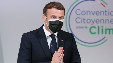 Emmanuel Macron lors de sa réunion avec la Convention citoyenne pour le climat, lundi 14 décembre 2020. (THIBAULT CAMUS / POOL)