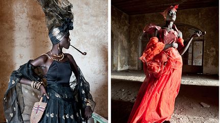 Les signares (du portugais senhora) étaient les jeunes femmes noires ou métisses de la Petite Côte du Sénégal, dans les comptoirs de Rufisque (Rufisco) au XVIIe siècle, puis de Gorée et de Saint-Louis jusqu'au milieu du XIXe siècle. Cette francisation du mot portugais senhora (dame) désigne à l'origine les Africaines qui, vivant en concubinage avec des Européens influents, acquirent un rôle économique et un rang social élevé.&nbsp; &nbsp; (FABRICE MONTEIRO, ADAGP/COURTESY GALERIE MAGNIN-A, PARIS)