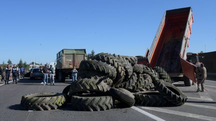 Des agriculteurs bloquent l'autoroute A64 entre Capens et Toulouse, le 8 octobre 2019. (NATHALIE SAINT-AFFRE / MAXPPP)