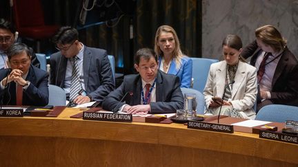 Le représentant de la Russie auprès de l'ONU, Dmitri Polianski, participe à une réunion du Conseil de sécurité à New York, le 29 août 2024. (YUKI IWAMURA / AFP)