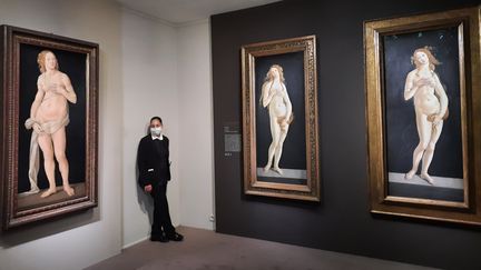 La salle des Vénus : sur le mur du fond celles de Botticelli et de son atelier. A gauche, celle peinte par Lorenzo di Credi. (ANNE CHEPEAU / RADIO FRANCE)