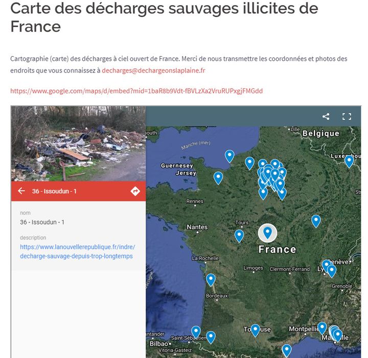 Capture d'écran du site de l'association "Stop décharges sauvages" qui répertorie sur le territoire français les lieux où se trouvent des décharges illégales.&nbsp; (CAPTURE D'ÉCRAN)