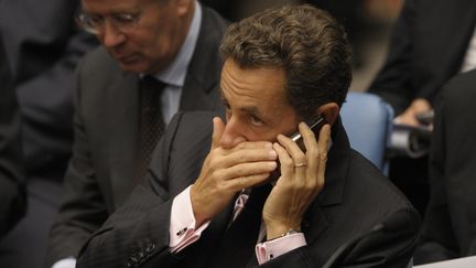 Nicolas Sarkozy, lors d'une r&eacute;union du Conseil de s&eacute;curit&eacute; de l'ONU, &agrave; New York (Etats-Unis), le 24 septembre 2009.&nbsp; (EMMANUEL DUNAND / AFP)