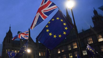 Des drapeaux britanniques et européens lors des rassemblements mardi 15 janvier devant le Parlement, à Londres. (PAUL ELLIS / AFP)