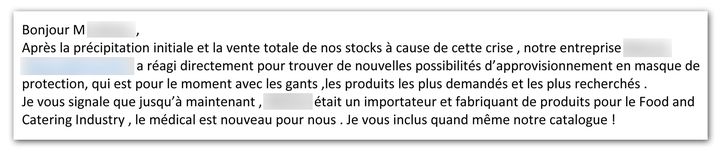 Proposition commerciale pour des masques envoyée par une société spécialisée dans la restauration. (DR)