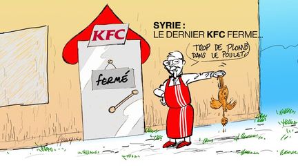 La chaîne de fast-food Kentucky Fried Chicken a fermé en octobre 2013 son dernier établissement de Syrie. Il était situé dans le quartier huppé d'Abou Roummané à Damas. Motif : des difficultés économiques et d'approvisionnement.
 
KFC avait été la première chaîne américaine de restauration rapide à s'établir en Syrie en 2006. Elle était restée ouverte malgré l'embargo imposé par Washington après le début de la révolte populaire contre le régime, en mars 2011. (Franck Pucques)