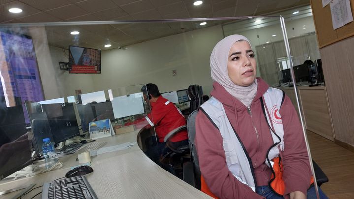 Rana in the Red Crescent compound in the West Bank, Ramallah.  February 2024 (Thibault Lefebvre / Radio France)