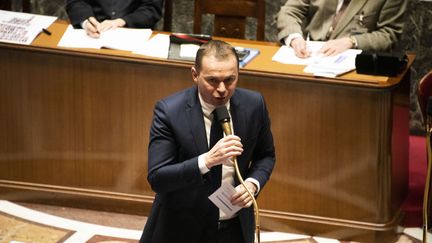 Le ministre du Travail, Olivier Dussopt, à l'Assemblée nationale à Paris, le 16 février 2023. (MAGALI COHEN / HANS LUCAS / AFP)