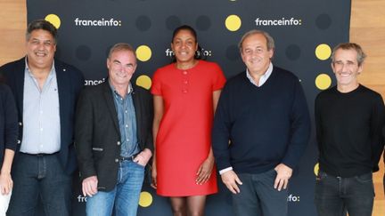 Serge Blanco, Bernard Hinault, Marie-José Pérec, Michel Platini et Alain Prost à franceinfo à Paris le 26 octobre 2021 (RADIO FRANCE)