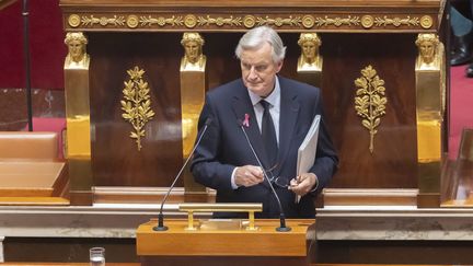 Michel Barnier, lors de son discours de politique générale à l'Assemblée nationale, le 1er octobre 2024. (VINCENT ISORE / MAXPPP)