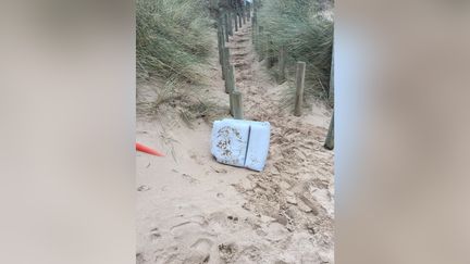 Photo du débris d'un avion retrouvé sur la plage de Surtainville (Cotentin) par une promeneuse, Josette Bernard. Il pourrait&nbsp;provenir du Piper Malibu à bord duquel avait embarqué Emiliano Sala. (JOSETTE BERNARD)