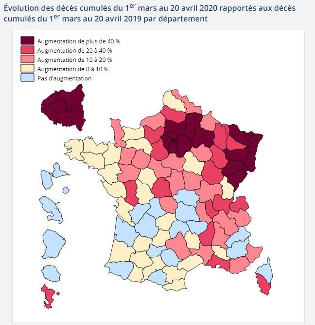 Evolution des décès cumulés du 1er mars au 20 avril 2020 rapportés aux décès cumulés du 1er mars au 20 avril 2019 par département. (INSEE)