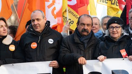 Manifestation contre la réforme des retraites ce mardi 7 mars à Paris en présences des leaders syndicaux, Laurent Berger, de la CFDT et Philippe Martinez, de la CGT (SAMUEL BOIVIN / NURPHOTO)