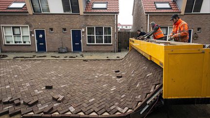 Une machine "Tiger-stone" construit une rue pav&eacute;e &agrave; IJmuiden (Pays-Bas), le 19 f&eacute;vrier 2013. (MAXPPP)