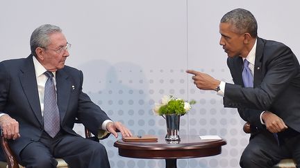 Raul Castro et Barack Obama, le 11 avril 2015 &agrave; Panama. (MANDEL NGAN / AFP)