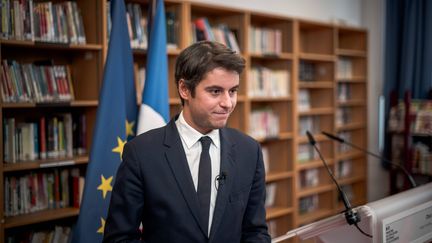 The Minister of National Education, Gabriel Attal, holds a press conference in a college in Paris, December 5, 2023. (NICOLAS MESSYASZ/SIPA)