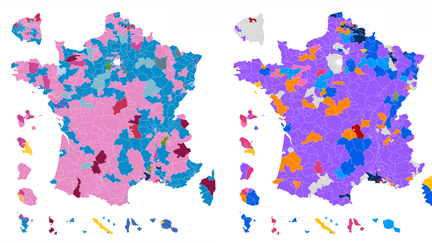 La carte des circonsciptions à l'issue du premier tour des élections législatives de&nbsp;2012 versus la&nbsp;carte des circonsciptions&nbsp;à l'issue du premier tour de&nbsp;2017. (FRANCEINFO)