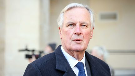 Le nouveau Premier ministre Michel Barnier, lors de l'hommage national à Jacques Delors à Paris, le 5 janvier 2024. (LUC NOBOUT / IP3 PRESS / MAXPPP)