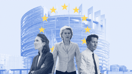 La tête de liste Renaissance pour les européennes Valérie Hayer, la présidente de la Commission européenne Ursula von der Leyen et la tête de liste des Républicains François-Xavier Bellamy. (PAULINE LE NOURS / FRANCEINFO)