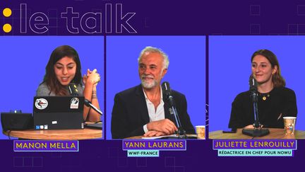 Yann Laurans, responsable du pôle biodiversité chez WWF-France et Juliette Lenrouilly, rédactrice en chef pour Nowu, invités du Talk franceinfo le 20 octobre 2022.
 (CAPTURE D'ECRAN TWITCH)