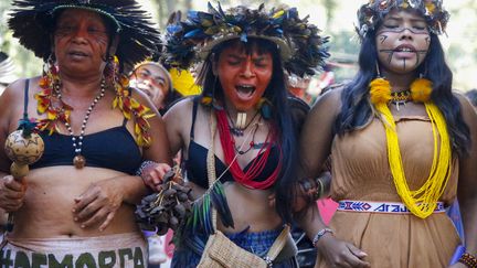 Des indigènes Guarani Mbya manifestent pour leurs droits fonciers au Parque Jaragua à Sao Paulo, au Brésil, le 4 juin 2023. (MIGUEL SCHINCARIOL / AFP)