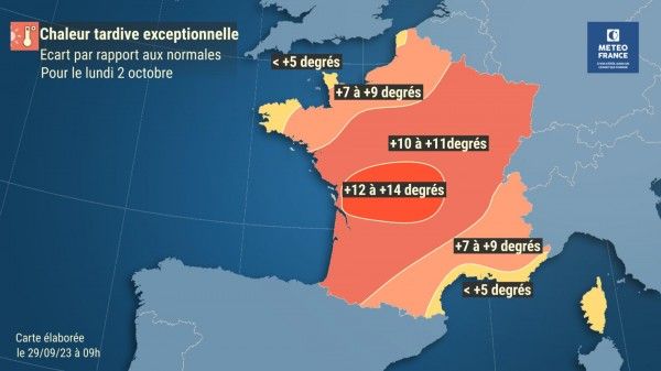 De nombreux records mensuels de chaleur pourraient être dépassés lundi 2 octobre 2023. (METEO FRANCE)