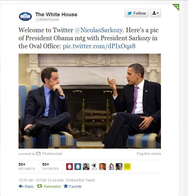 Barack Obama a encouragé Nicolas Sarkozy sur Twitter (Capture d'écran)