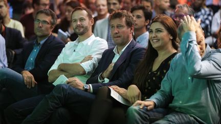 De droite à gauche, les députés européens EELV David Cormant, Salima Yenbou, Yannick Jadot et David Belliard, qui était le candidat vert à la mairie de Paris le 24 septembre 2019 à Paris. (MICHEL STOUPAK / NURPHOTO / AFP)