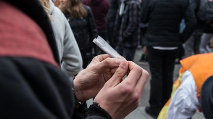 Une fumeuse roule un joint à l'occasion de la marche mondiale pour le cannabis, le 14 mai 2016 à Paris. (MAXPPP)