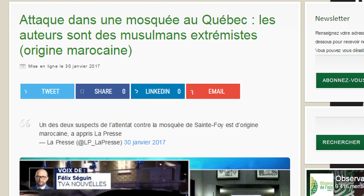 La rumeur des tireurs "musulmans extrémistes" au Québec (Capture d'écran islamisation.fr)