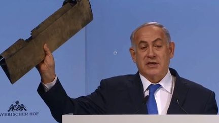 Le Premier ministre israélien&nbsp;Benjamin Netanyahou lors de son discours à Munich (Allemagne), le 18 février 2018. (CAPTURE D'ECRAN / TWITTER)