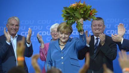 Angela Merkel, apr&egrave;s l'annonce de la victoire de son parti, le 22 septembre 2013, &agrave; Berlin (Allemagne). (JOHANNES EISELE / AFP)