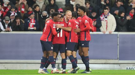 Les Lillois célèbrent le but de Mitchel Bakker contre le Sturm Graz en Ligue des champions, le 11 décembre 2024. (MAXPPP)