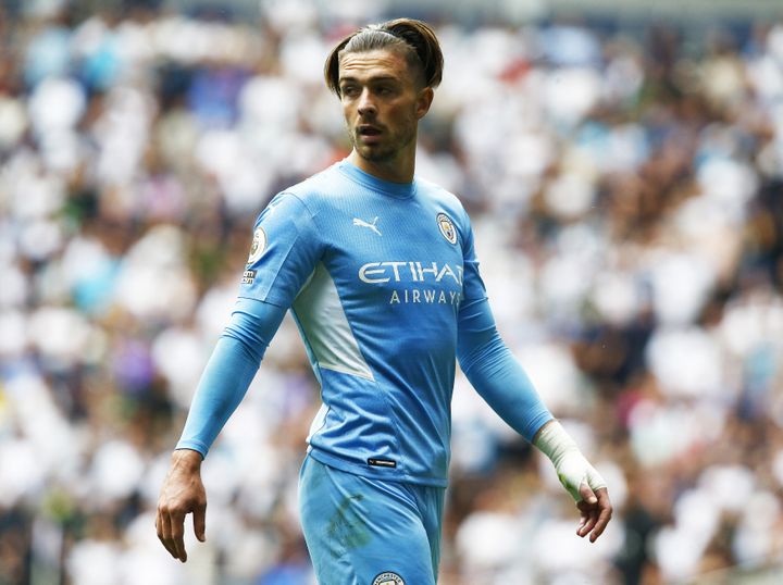 Le milieu offensif Jack Grealish lors de la rencontre de Premier League entre Tottenham et Manchester City, le 15 août 2021. Le joueur anglais a rejoint les Citizens mi-août contre un chèque de 117 millions d'euros. (NURPHOTO via AFP)