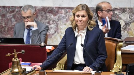 La présidente de l'Assemblée nationale, Yäel Braun-Pivet, au perchoir, à Paris, le 29 octobre 2024. (BERTRAND GUAY / AFP)