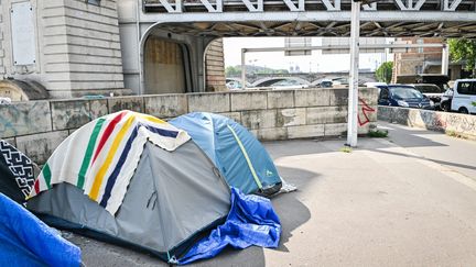 Des sans-abris dorment dans des tentes de fortune aux abords de la gare d'Austerlitz à Paris, le 4 juin 2024. (PIERRICK DELOBELLE / MAXPPP)