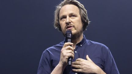 Journalist Geoffroy Lejeune during a debate organized by the far-right magazine "Current values", on April 13, 2023, in Paris.  (VINCENT ISORE / MAXPPP)