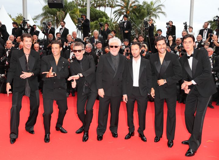 Director Pedro Almodóvar (center) surrounded by actors George Steane, José Condessa, Anthony Vaccarello, Ethan Hawke, Jason Fernández and Manuel Rios on May 17.  (JB LACROIX / FULL PICTURE AGENCY)