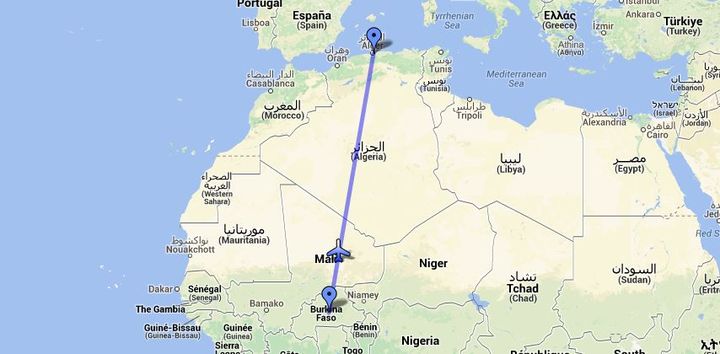 Le vol AH 5017 devait relier Ouagadougou &agrave; Alger, mais a disparu en survolant le nord du Mali. ( GOOGLE MAPS / FRANCETV INFO )