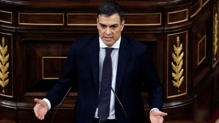 Le chef du Parti socialiste espagnol (PSOE), Pedro Sanchez, pendant son discours lors du débat parlementaire sur la motion de censure à l'encontre de Mariano Rajoy, à Madrid (Espagne), le 1er juin 2018. (EMILIO NARANJO / AFP)