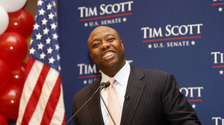 Tim Scott, s&eacute;nateur r&eacute;publicain de Caroline du Sud, apr&egrave;s son &eacute;lection, le 4 novembre 2014, &agrave;&nbsp;North Charleston (Caroline du Sud). (MIC SMITH / AP / SIPA)