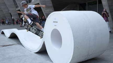 Un jeune gar&ccedil;on r&eacute;alise des figures de skateboard sur une sculpture install&eacute;e &agrave; l'occasion du festival d'art urbain "Arte Core" &agrave; Rio de Janeiro (Br&eacute;sil), le 18 octobre 2014. (YASUYOSHI CHIBA / AFP)