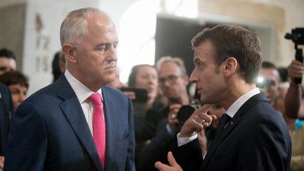 L'ancien premier ministre australien Malcolm Turnbull, lors d'une rencontre à Sydney avec le président français Emmanuel Macron, le 3 mai 2018. (NATHAN LAINE / HANS LUCAS)