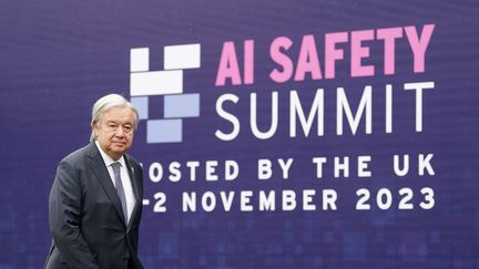 Antonio Guterres, le secrétaire général de l'ONU, au sommet sur la sécurité de l'intelligence artificielle au Royaume-Uni, le 2 novembre 2023. (JOE GIDDENS / AFP)