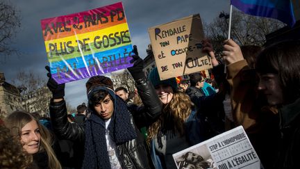 "Avec deux papas PD, plus de gosses mal habill&eacute;s", nombre de manifestants se sont jou&eacute; des clich&eacute;s sur les homosexuels.&nbsp; (BENJAMIN GIRETTE / AP / SIPA)