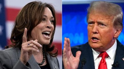 Kamala Harris s'exprime le 26 mars 2024 à Raleigh, en Caroline du Nord, tandis que Donald Trump prend la parole à Atlanta, en Géorgie (Etats-Unis), le 27 juin 2024. (BRENDAN SMIALOWSKI,ANDREW CABALLERO-REYNOLDS / AFP)