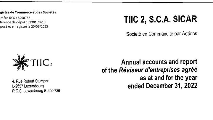 Extrait de l’en-tête des comptes annuels du fonds luxembourgeois TIIC2, 31 décembre 2022. (Registre des commerces et des sociétés)