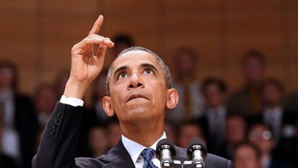 Barack Obama; le 17 juin 2013, prononce un discours lors du sommet du G8 à Belfast (Irlande du Nord). (PAUL FAITH / POOL / AFP )