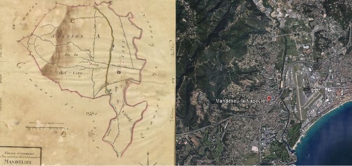 A gauche, une carte du cadastre de Mandelieu-la-Napoule en 1809, avec un village de quelques maisons au milieu de champs agricoles. A droite, Mandelieu en 2015, ville ultra-urbanis&eacute;e de 22 000 habitants. (CONSEIL GENERAL ALPES-MARITIMES / GOOGLE EARTH)